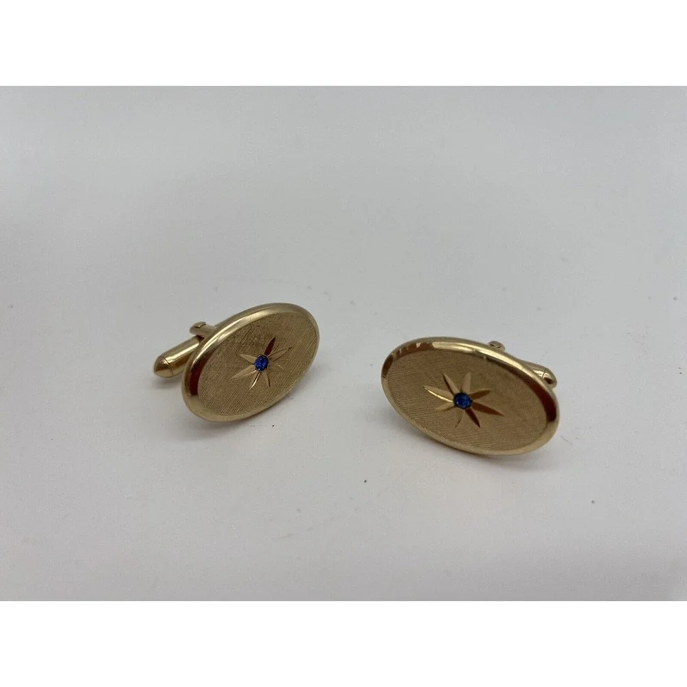 VTG AVON Star Etched Cufflinks With Blue Rhinestone Gold Tone‎ Oval